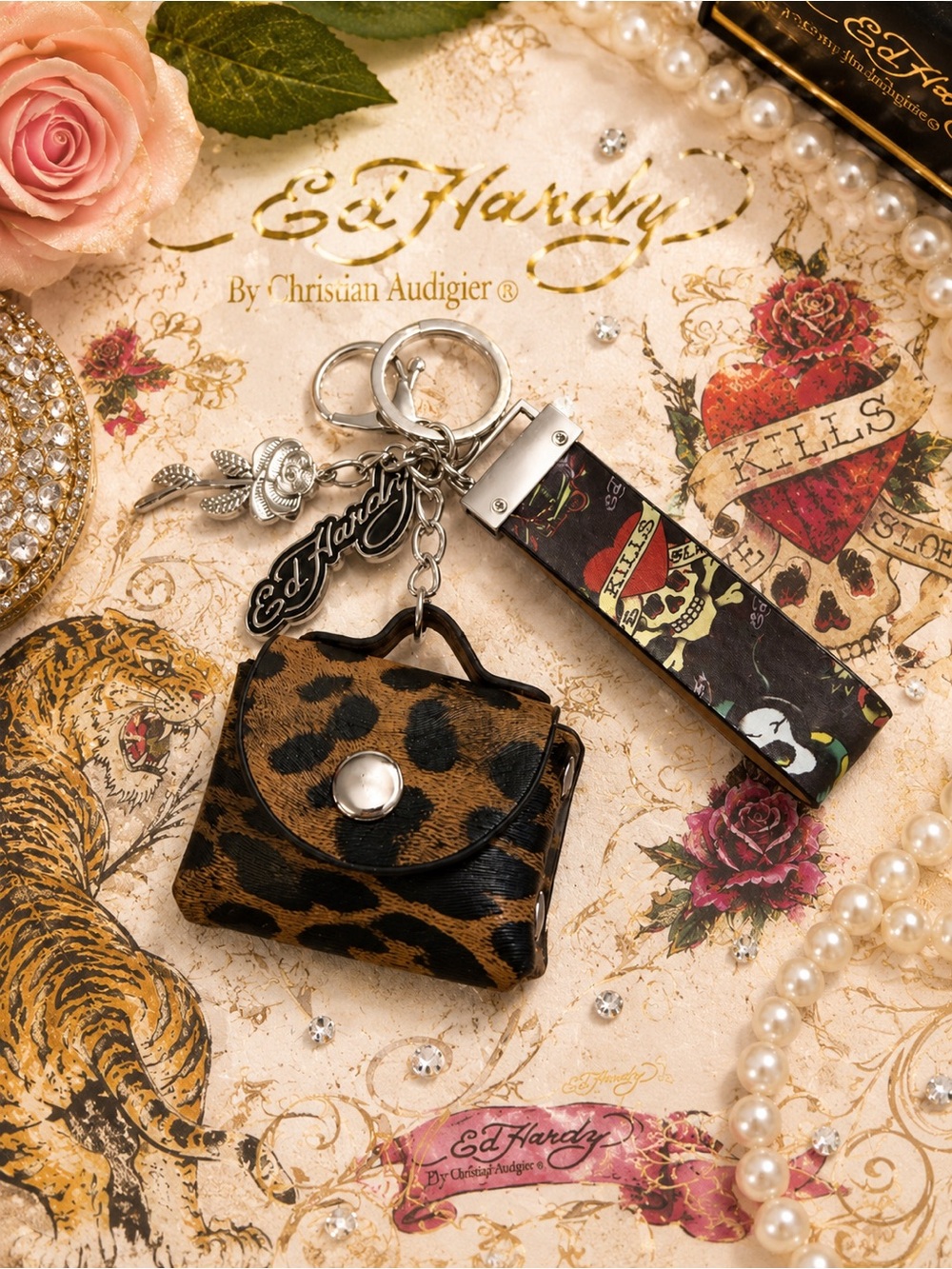 Ed Hardy Style Mini Purse Keychain Charm Set | Leopard Mini Bag, Wristlet
